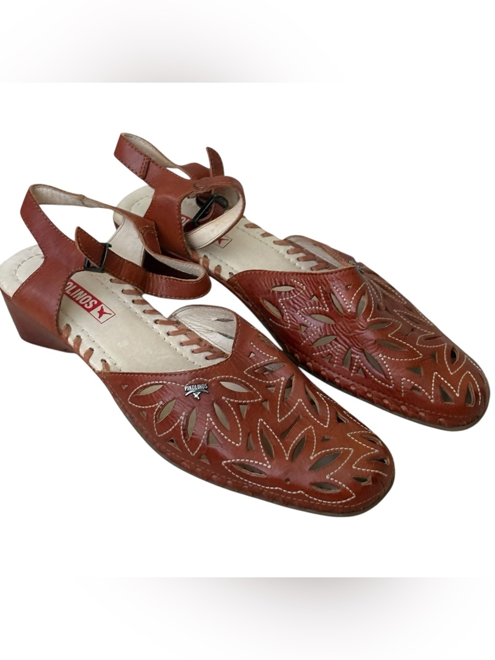 Pikolinos Womens Brown Sandals Size 9 40 Floral Laser-Cut Leather